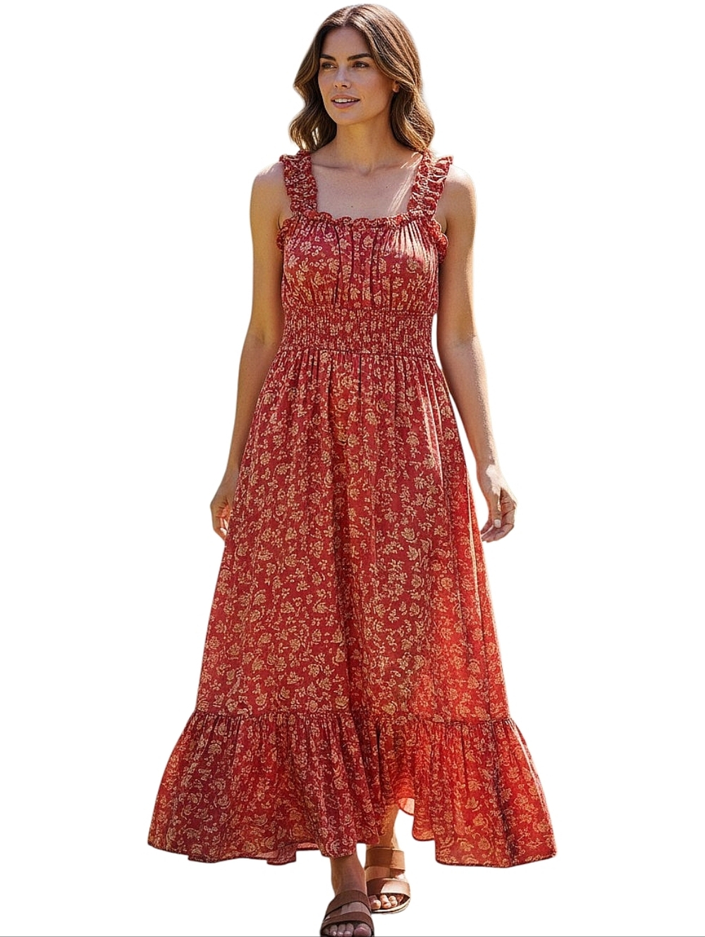 Patrons of Peace Red Orange Floral Smocked Dress with Ruffle Straps Size Medium